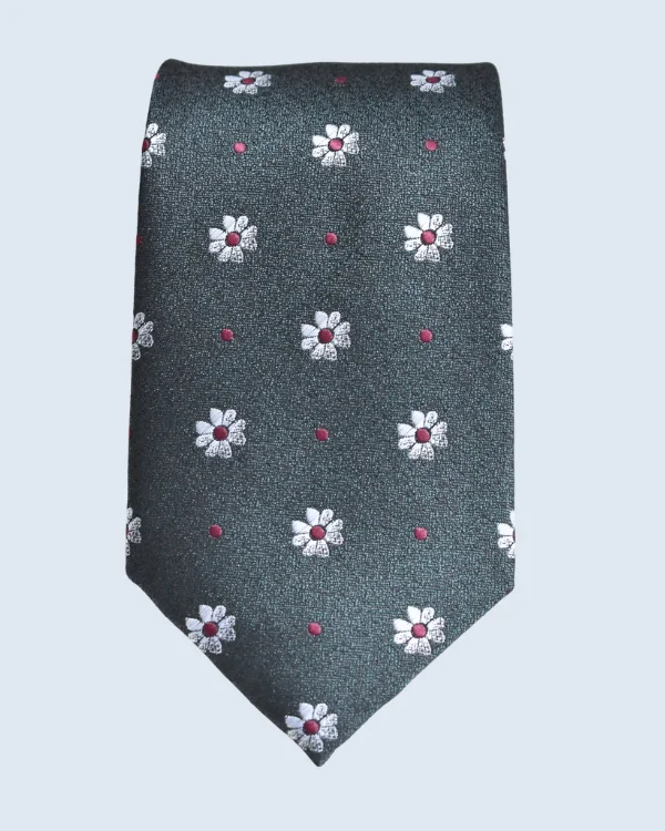 Dark Green, White and Red Floral Formal Necktie