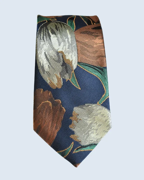 Navy Blue, Brown, Silver and Green Floral Formal Necktie
