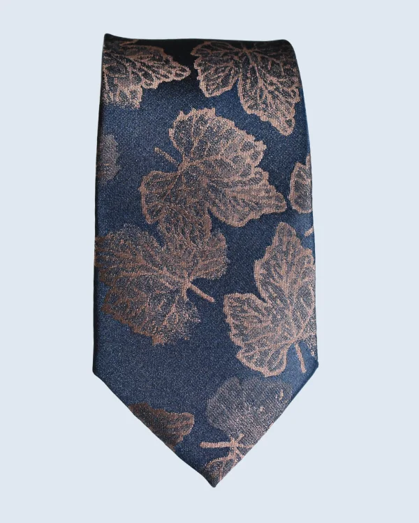 Navy Blue and Bronze Leafy Formal Necktie