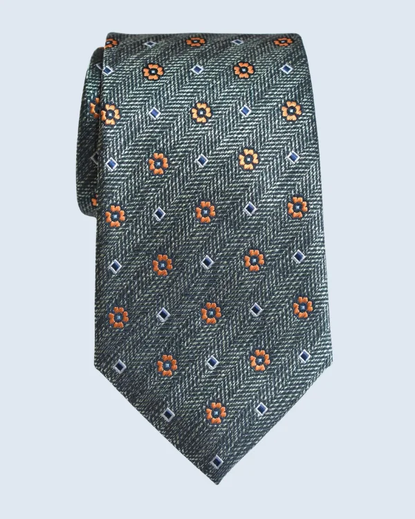 Dark Green, Orange and Blue Geometric Floral Formal Necktie