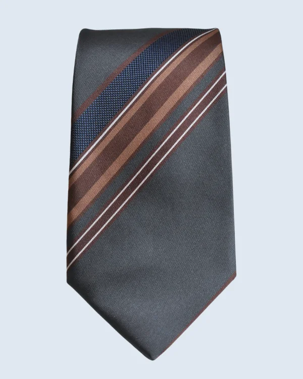 Grey, Brown and Blue Striped Formal Necktie