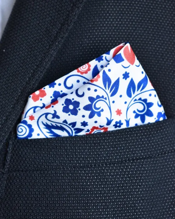 White Blue Red Floral Pattern Pocket Square | ForHim.ke