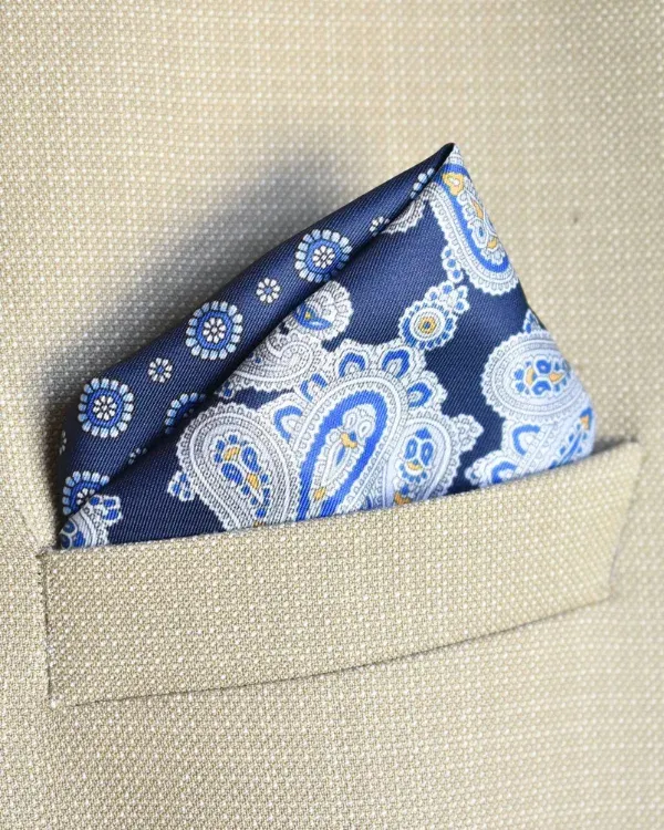 Navy Blue and White Paisley Pocket Square | ForHim.ke