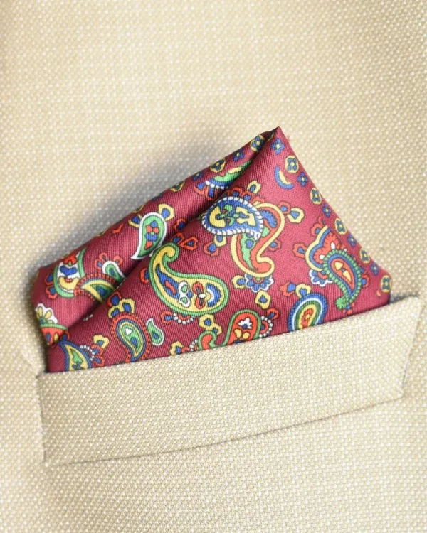 Burgundy and Multi-Color Paisley Pattern Pocket Square | ForHim.ke